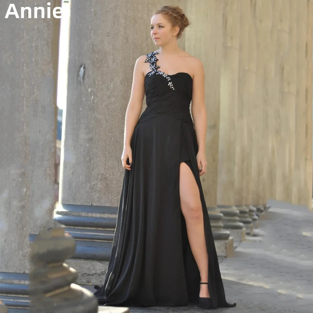 Annie-Robe de Bal Noire à Paillettes pour Femme, Tenue de Soirée de Forme Trapèze, Élégante, pour Occasions Spéciales, avec Fentes Latérales, pour Mariage