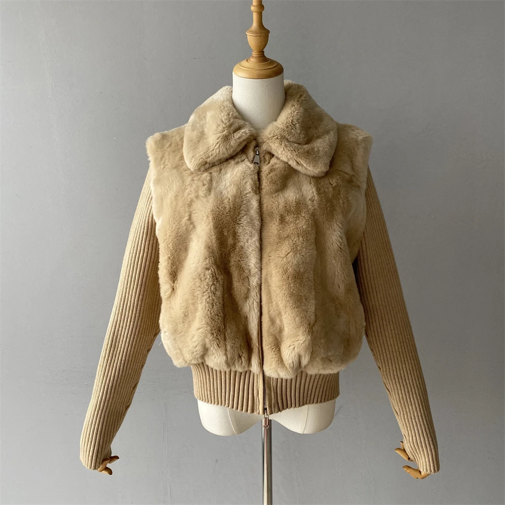 Jxwatcher Real Rex Rabbit Fur Coat for Women 2025 Winter Warm Fur Jacket Knitted Sleeves Can Removable Design New In Outerwear