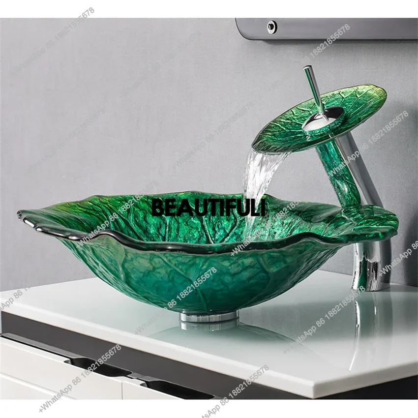

RR Bathroom Tempered Glass Art Above Counter Basin Bathroom Balcony Wash Basin Hotel Toilet Wash Basin Wash Faucet Sink Set