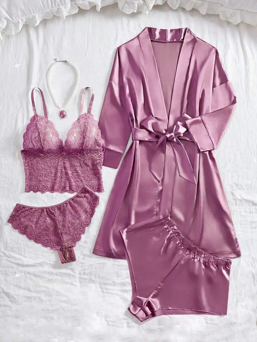 

5-Piece Women Sleepwear Set: Lace Camisole, Panties, Satin Shorts, Long Sleeve Robe With Belt