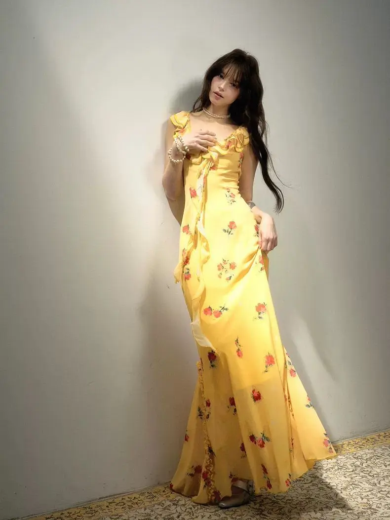 Nonsar vintage crepúsculo rosa babados amarelo estilingue vestido floral feminino francês elegante sexy gola v magro praia vestidos longos