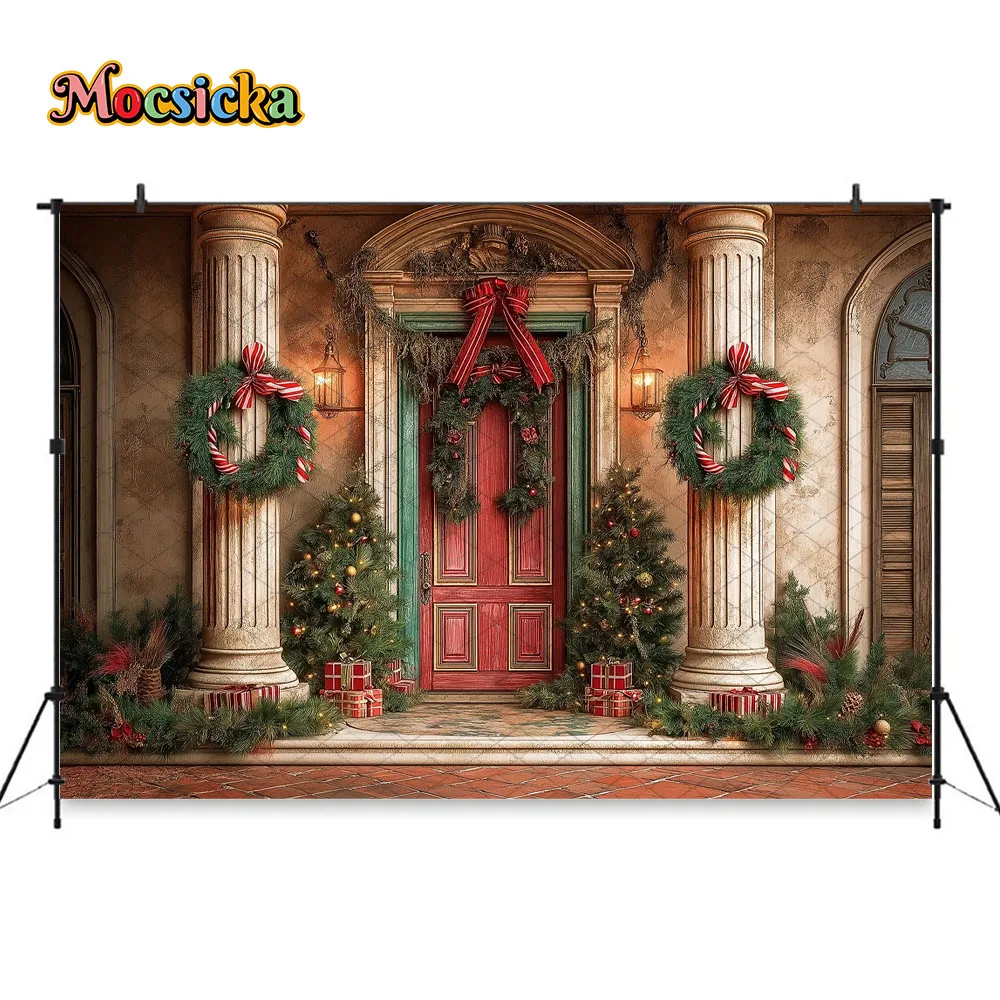 Mocsicka عيد الميلاد قصر الباب الأمامي خلفية التصوير الفوتوغرافي ليلة رأس السنة الفوانيس شجرة عيد الميلاد إكليل خلفية الشتاء طفل صور