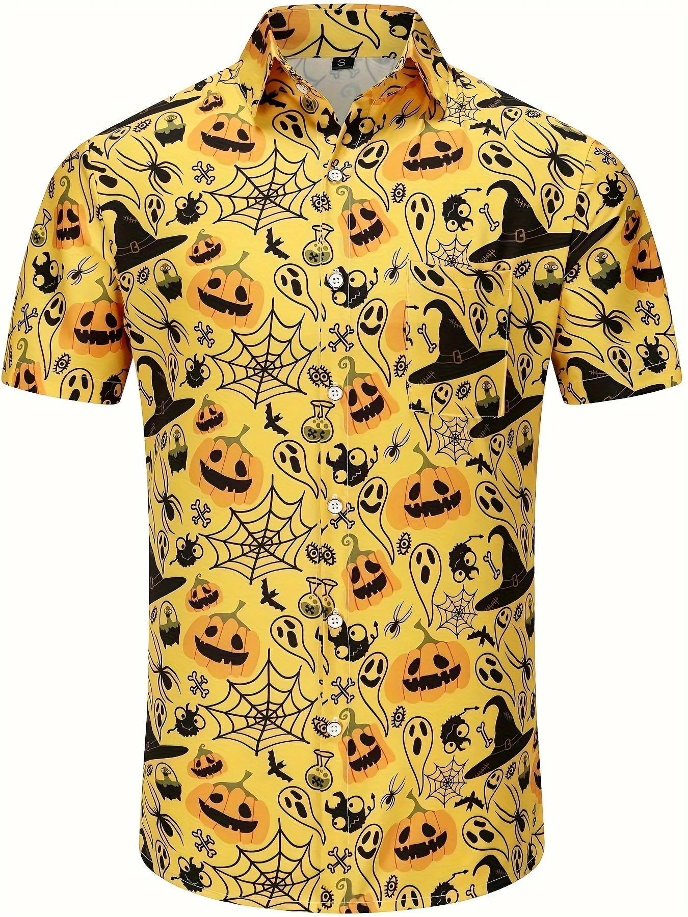 Men Halloween Pumpkin Witch Hat Spider Ghost Print Short Sleeve Shirt Lapel Collar Button‑Up Polyester Party Blouse