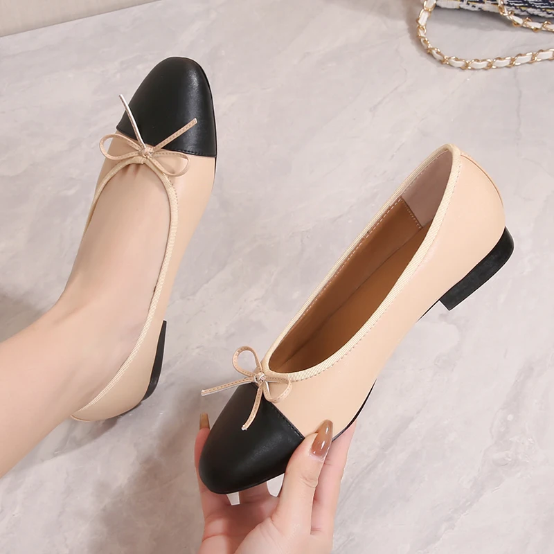 2023 سيدة اللون كتلة الكلاسيكية تويد المشمش لينة الجلود الباليه الشقق تنوعا جولة تو القوس الضحلة الباليه حذاء واحد النساء #5