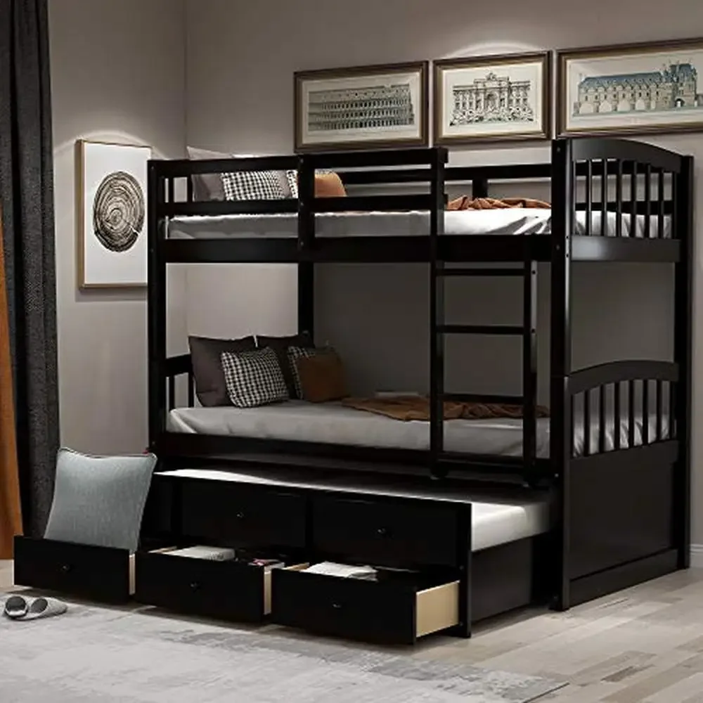 Twin Trundle Bunk Bed with 3 Drawers Kids Bedroom Guest Room Sturdy Easy Assembly Safe Rails Separate Beds Storage- 79.5