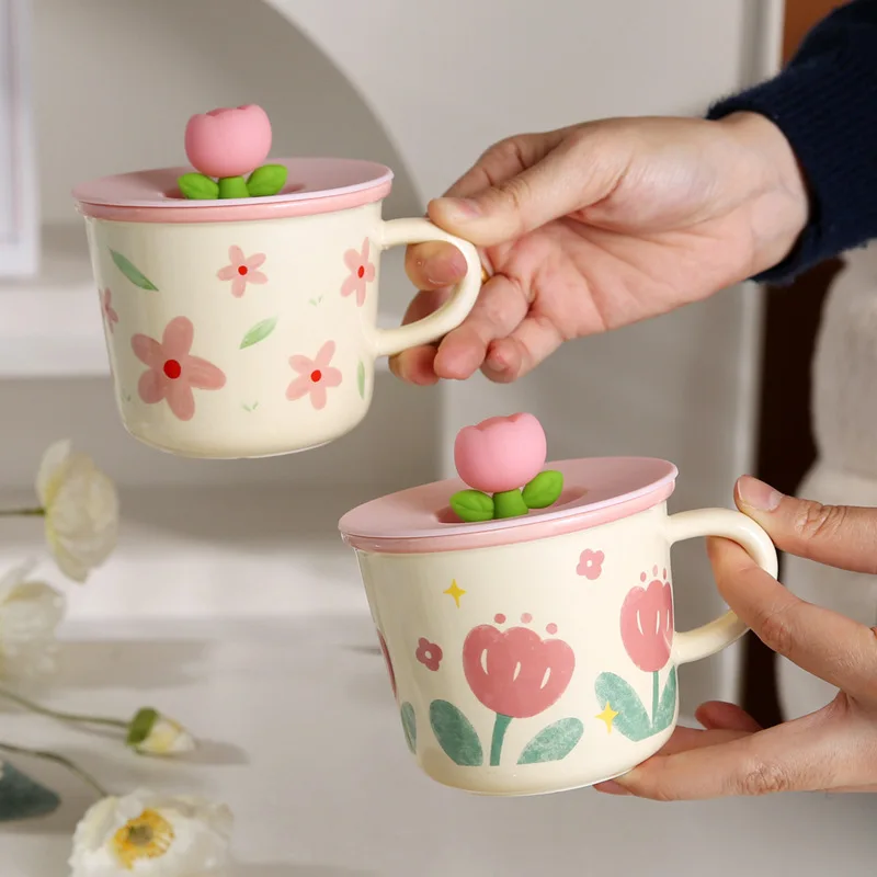 

Creative Coffee Mug with Tulip Flower Design Ceramic Cup for Women Aesthetic Ins Style Breakfast Cup