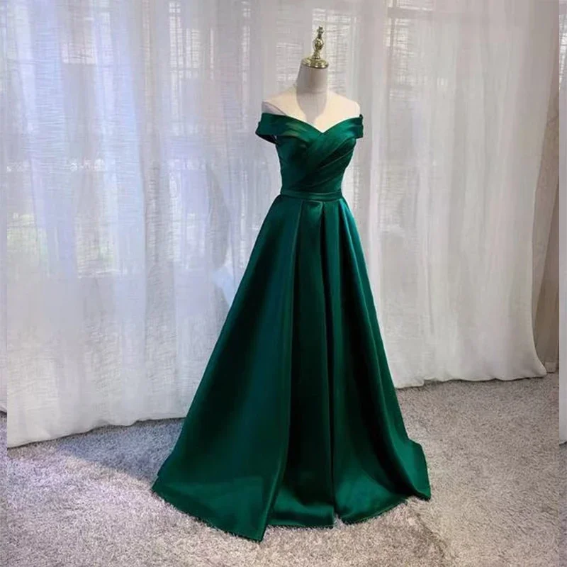 Boat Neck Pleat A-Line Evening Dress Lace Up Elegant Short Sleeves Empire Floor-Length Simple New Party Formal Gown Woman B726