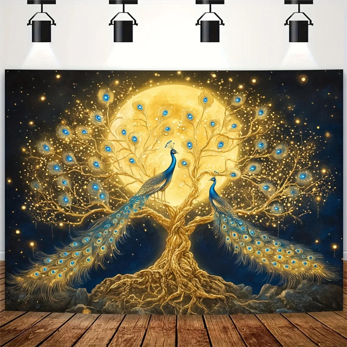 Golden Peacock Tree Tapestry Moonlight Fantasy Art Wall Hanging Mystical Home Decor Free Hooks Included Elevate Your Space