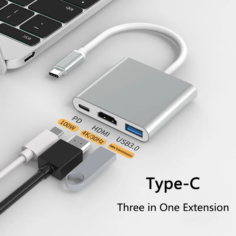 3-in-1 USB-hub USB C naar HDMI-compatibele splitter HUB Type-c naar HDMI-compatibel USB3.0 dockingstation voor Macbook Air Converter