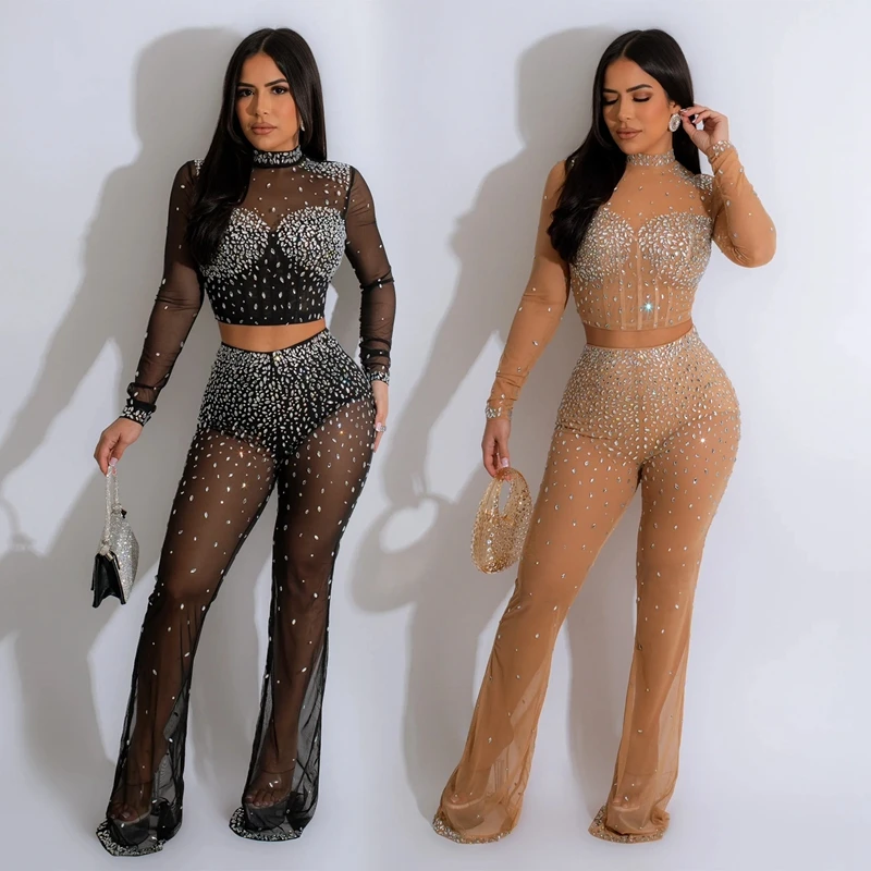 

Pant Sets Rhinestone Two Piece Suit Autumn Long Sleeve Mesh Crop Top And Long Groups Of Pants Y2k Clothing Festival Outfit Women