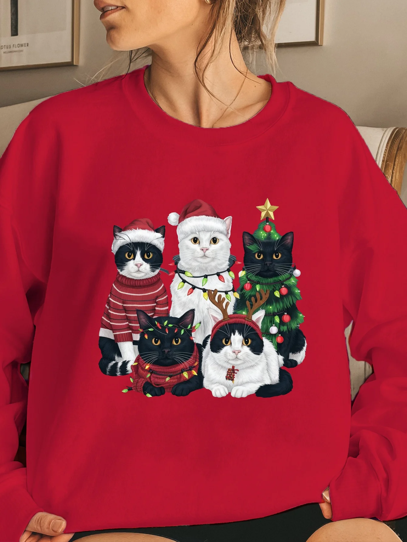 هوديي نسائي للخريف والشتاء بنمط قطة عيد الميلاد مطبوع، ملابس كاجوال عصرية ومريحة برقبة دائرية #1