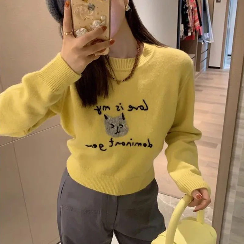 Letter Cartoon Embroidery Knitwear Pullovers Women Autumn O Neck Woman Sweater Korean Casual Soft Knit Jumper Tops Female