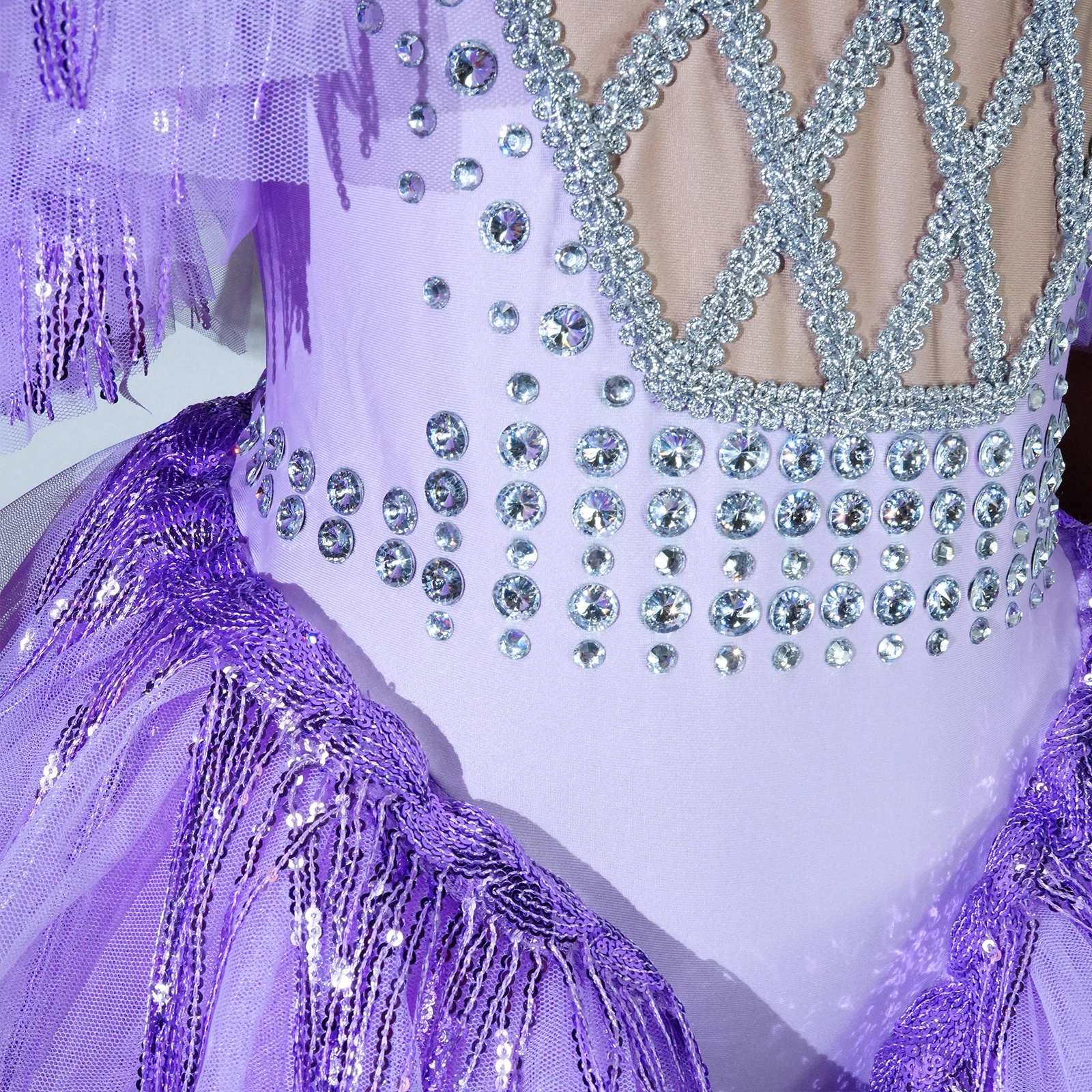 Damska Kryształowa Fioletowa Sukienka Jednoczęściowa z Falbankami, Wysoce Elastyczna, na Klub Nocny, Ukończenie Szkoły, dla Piosenkarki, na Urodziny, na Występ, Kostium Taneczny