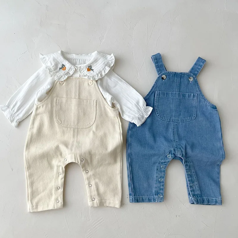 Çocuk giyim Suit bebek bebek kız giyim seti uzun kollu işlemeli gömlek + Denim tulum sonbahar bahar elbise takım