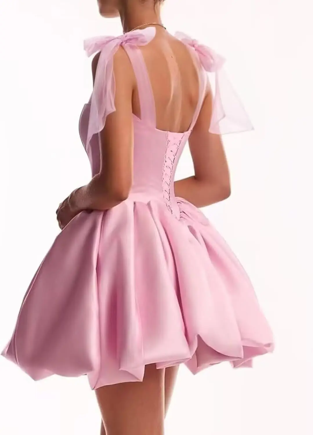 Vestidos de fiesta de satén con cuello cuadrado para adolescentes, vestido de fiesta corto hinchado con lazo, vestidos de fiesta de cóctel con capullo de flor por encima de la rodilla, Mini