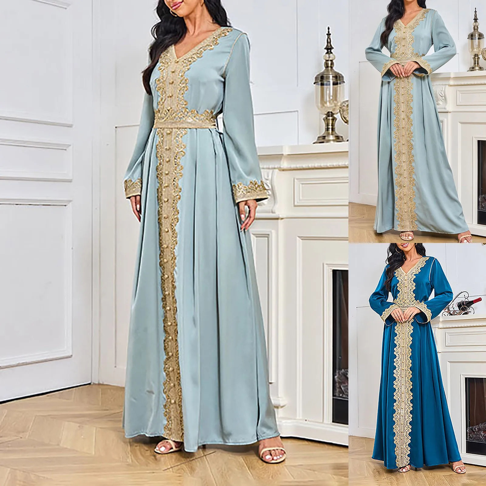 

Kaftan Dresses Luxurious Beads Women Dubai Embroidery Elegant Long Sleeve Muslim Abaya Islam Turkey Jellaba Moroccan Long Dress