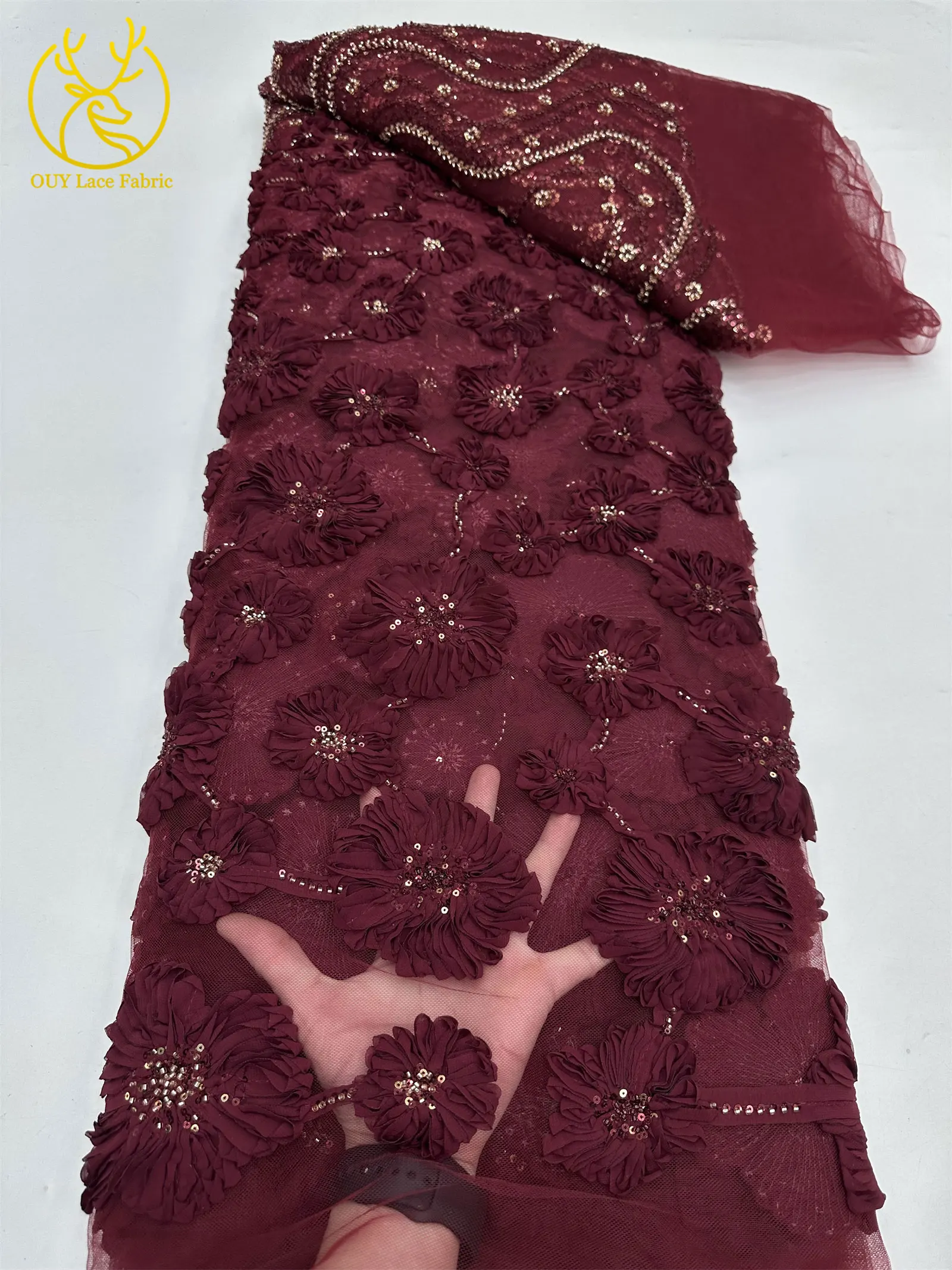 Burgunderroter 3D-Spitzenstoff, afrikanischer Perlen-Spitzenstoff, 5 Yards, nigerianischer Tüll, Pailletten-Spitzenstoff, Party, Damen, Hochzeitskleid, Nähen – Detail 11