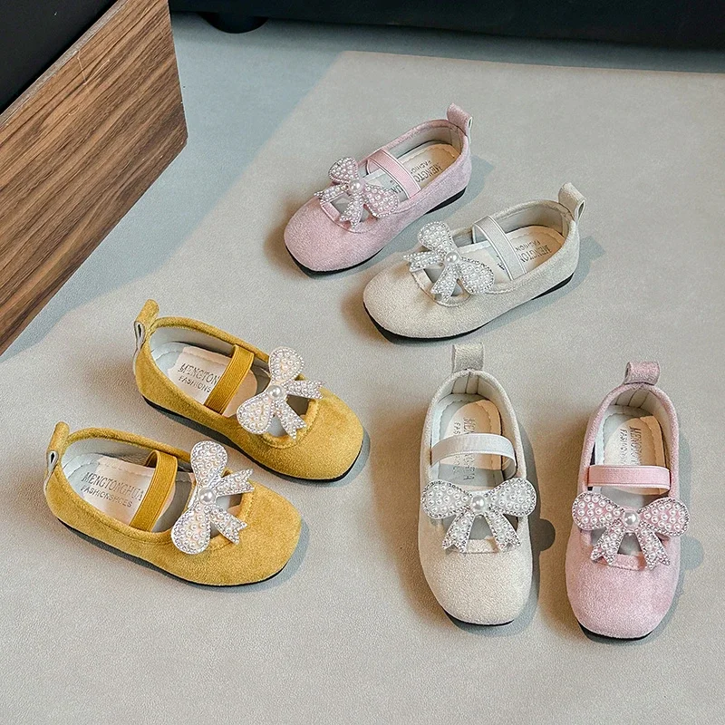 Girls Moccasins Sweet Pearls Elegant Slip-on Children Flat Shoes Soild Color Cute 2025 New Kids Loafers Non-slip Soft Comfort
