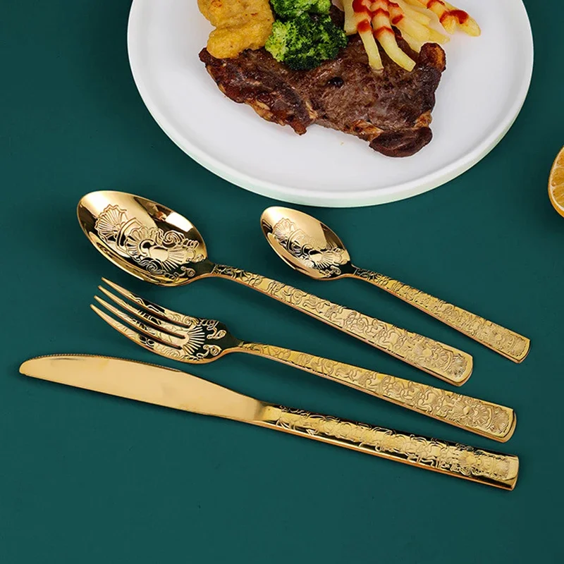 24pcs Tableware Cutlery Set Gold Dinnerware 304 Stainless Steel Western Carved Spoon Forks Knife Kitchen Dinner Silverware Gift