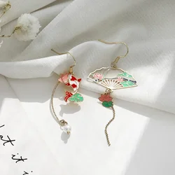 Chinese Style Folding Fan Crane Carp Earrings National Asymmetrical Lotus Cat Long Tassel Dangle Earrings for Women Jewelry Gift