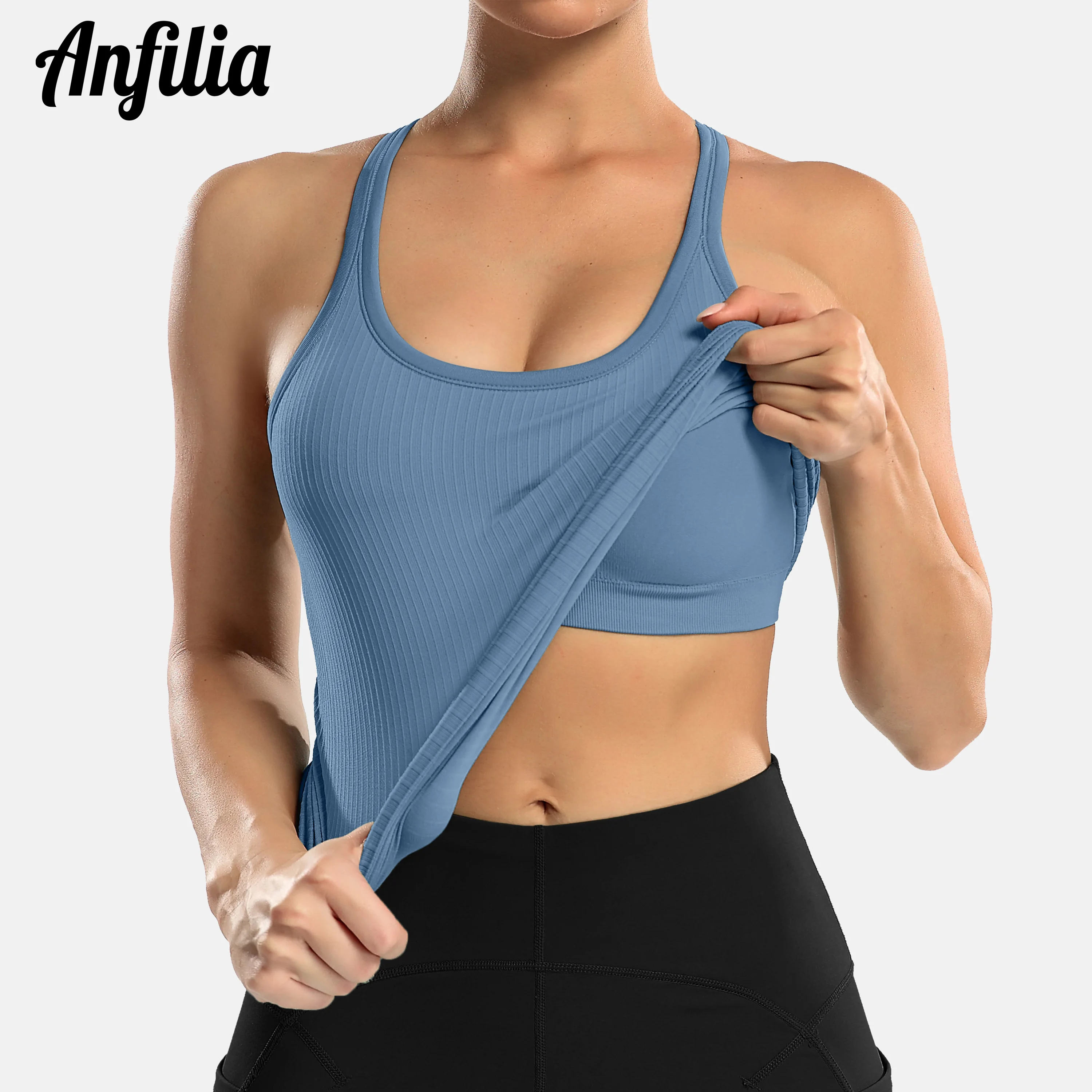 

Anfilia Women Tank Tops Basic Breathabl Racerback Design U-Neck e Sportswear Solid Soft Build-in Shelf Bra Running Camisole