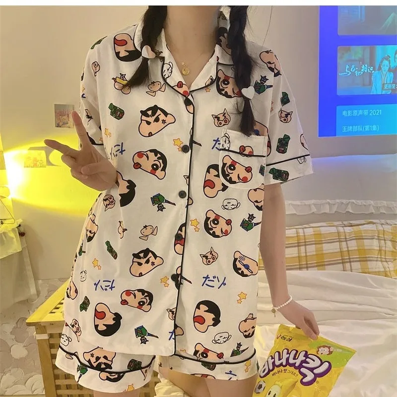 Crayon Shin-chan Spring Summer Pajamas Set Terylene Pajamas Turn-down for Women Collar Short-sleeved Shorts Leisure Home Clothes