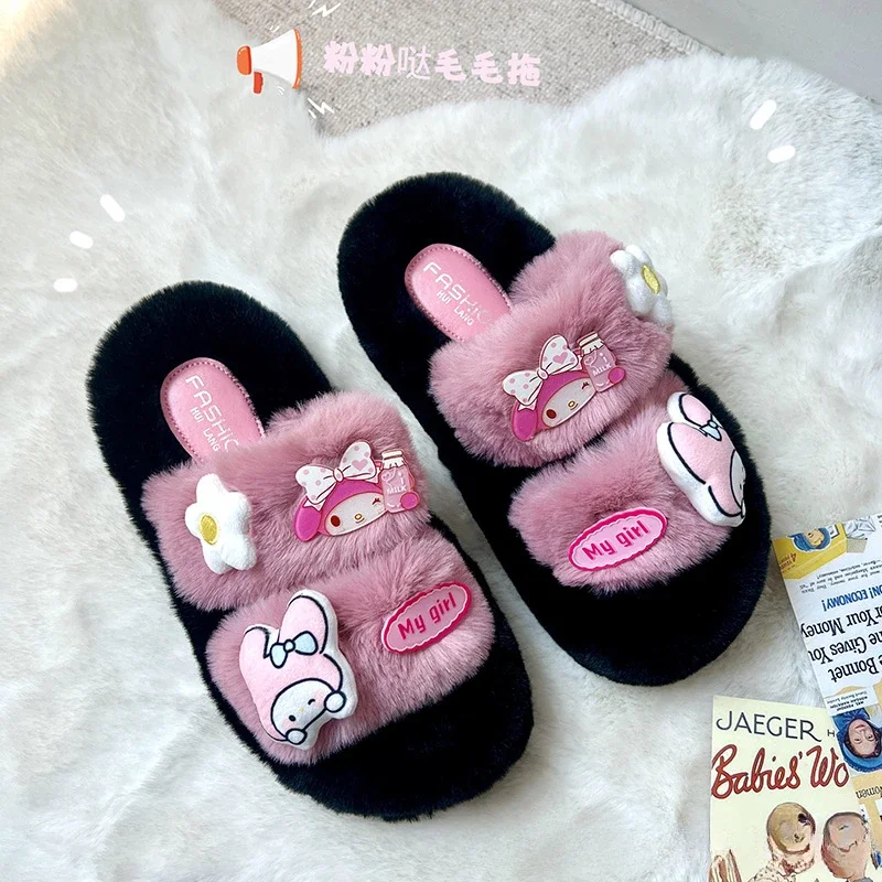 SanrioMelody winter thick-soled fluffy slippers female Kulomi outer wear cartoon cute home indoor plush one-word cotton slippers