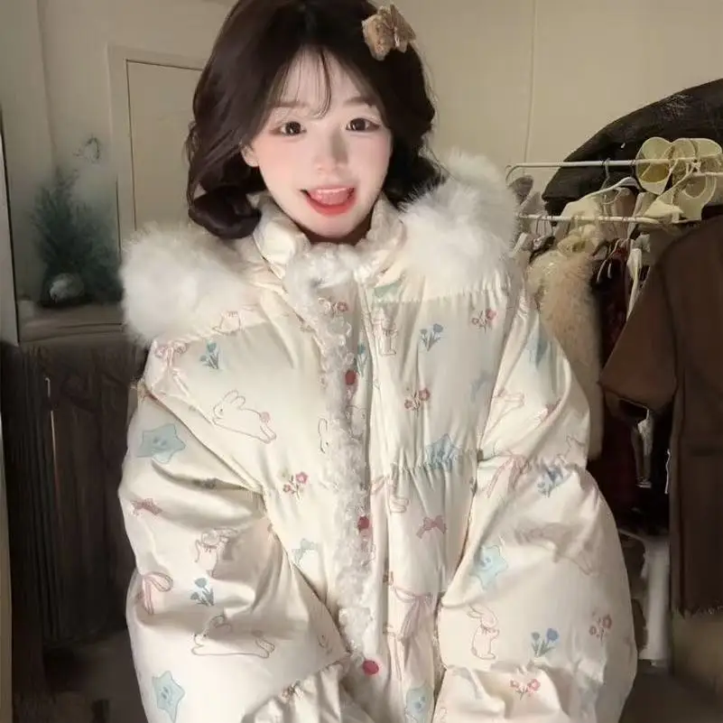 

Japan Sweet And Cute Girl Rabbit All-Printed Big Fur Collar Cotton Coat Winter New Versatile Cold-Proof Coat Bread Coat