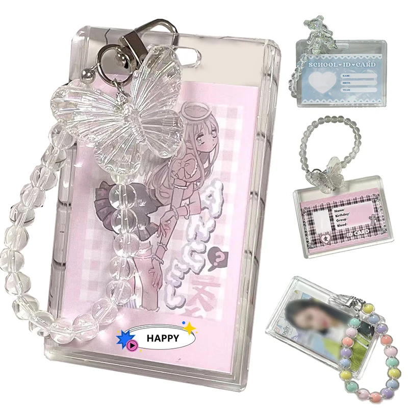 Fashion Crystal Butterfly Card Holder Sleeve Vertical Card Case Storage Transparent Card Cover Key Chain Card Sleeve Pendant