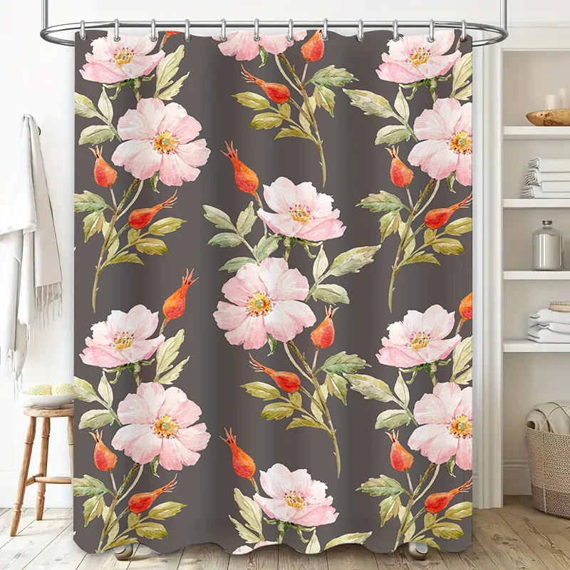 Watercolor Floral Shower Curtain, Pink Roses Bath Decor, Rustic Boho Country Cottage Style Extra Long Size 72x84in (183cm x 213c