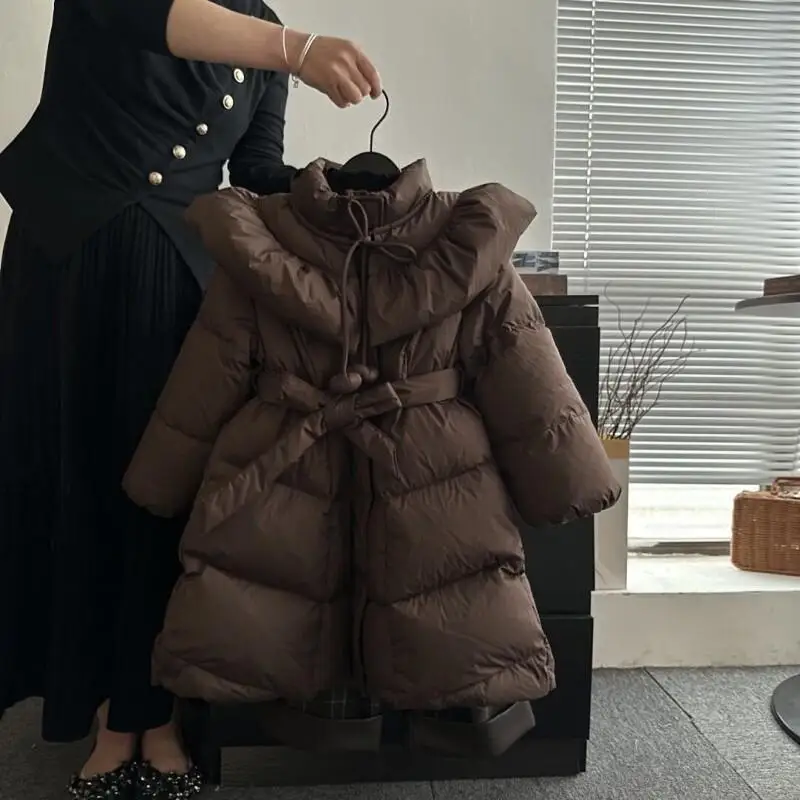 

2025 Girls Long Down Coat Korean Style Knee Length Padded Jacket 5-16Y Elegant Solid Color Winter Outerwear Kids Warm Parka Coat