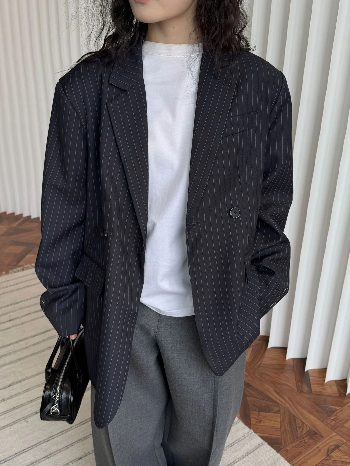 

Autumn and winter women's casual striped double breasted pocket decoration loose jacket
