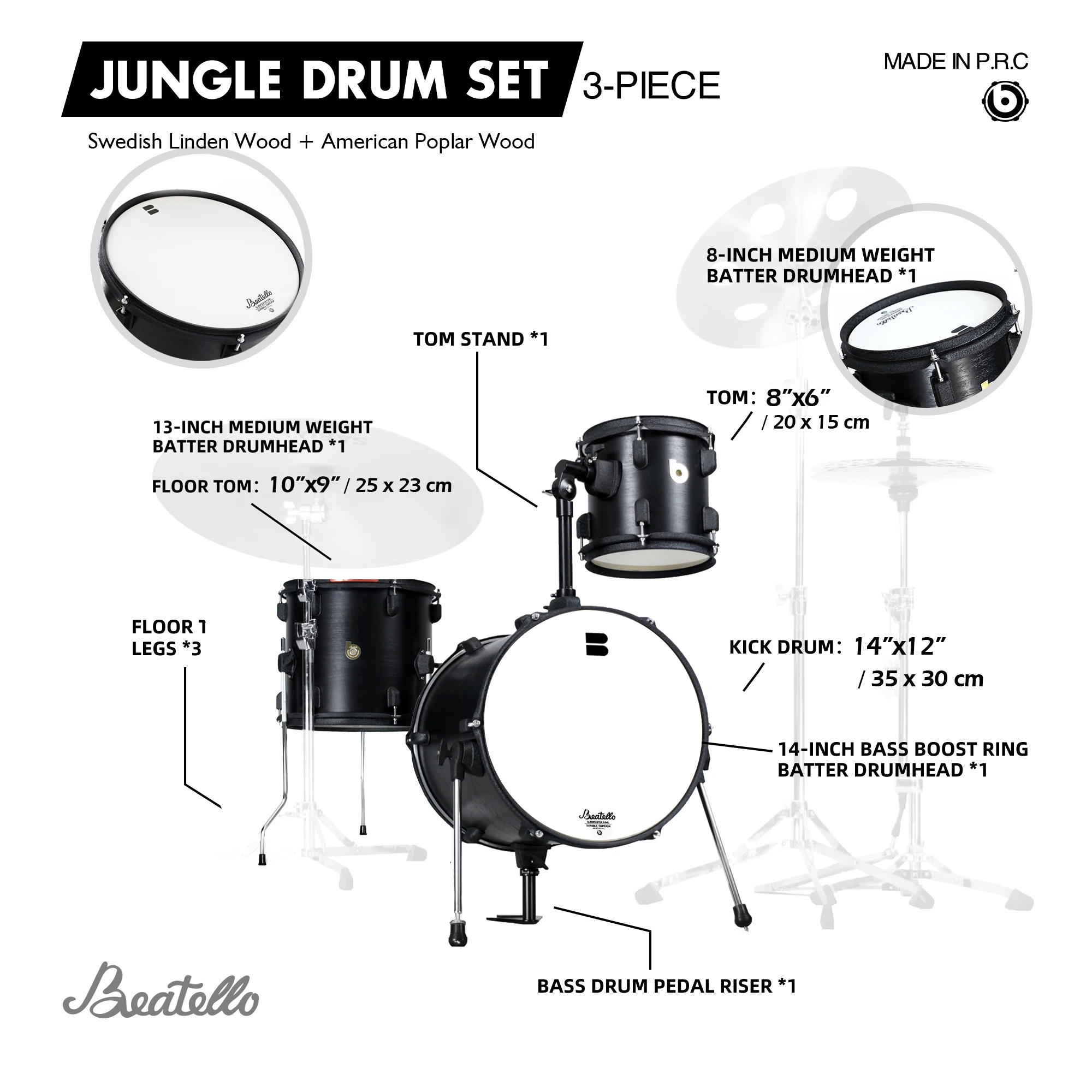 3-Piece Portable Drum Set Black Jungle Club Style Metal Percussion Instrument With Aluminum Drum Chamber