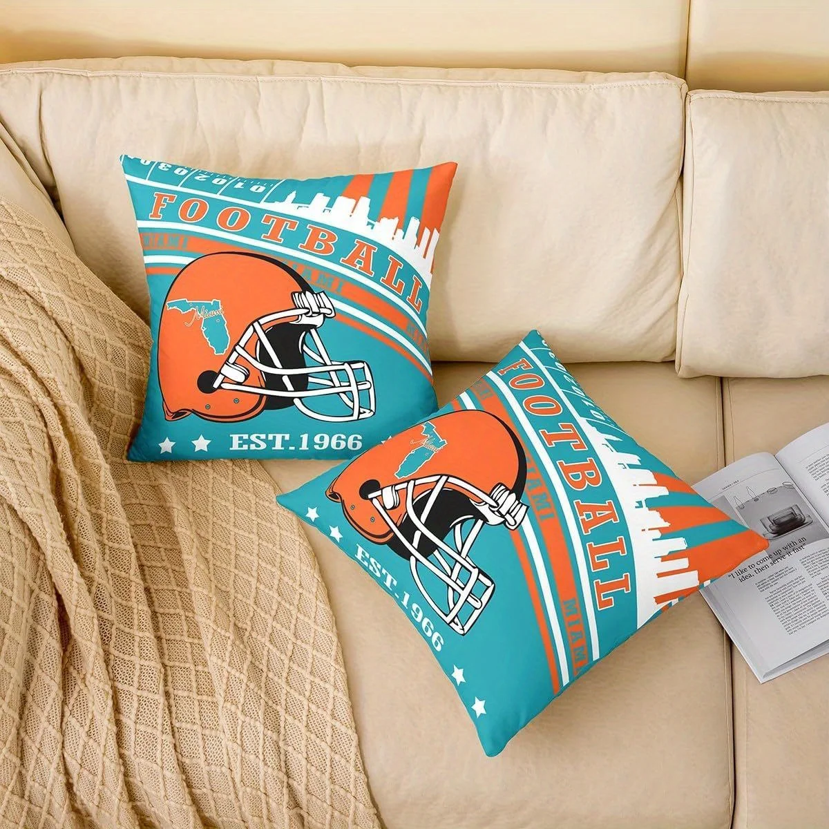 Sports Football Throw Pillow Cover Set 4 Pc Decorative Cushion Case Blue Orange American College Stadium Fan Decor 40x40cm