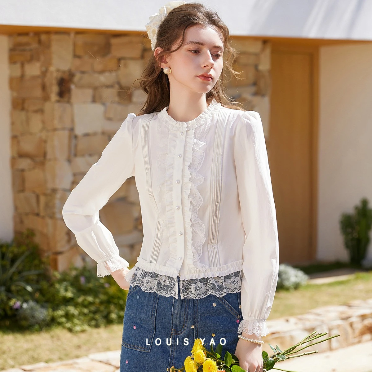 LOUIS YAO Women's Blouse 2026 Spring Sweet Patchwork Women Shirt Standard Shoulder Long Sleeve Round Neck  Lace Trim Cardigan