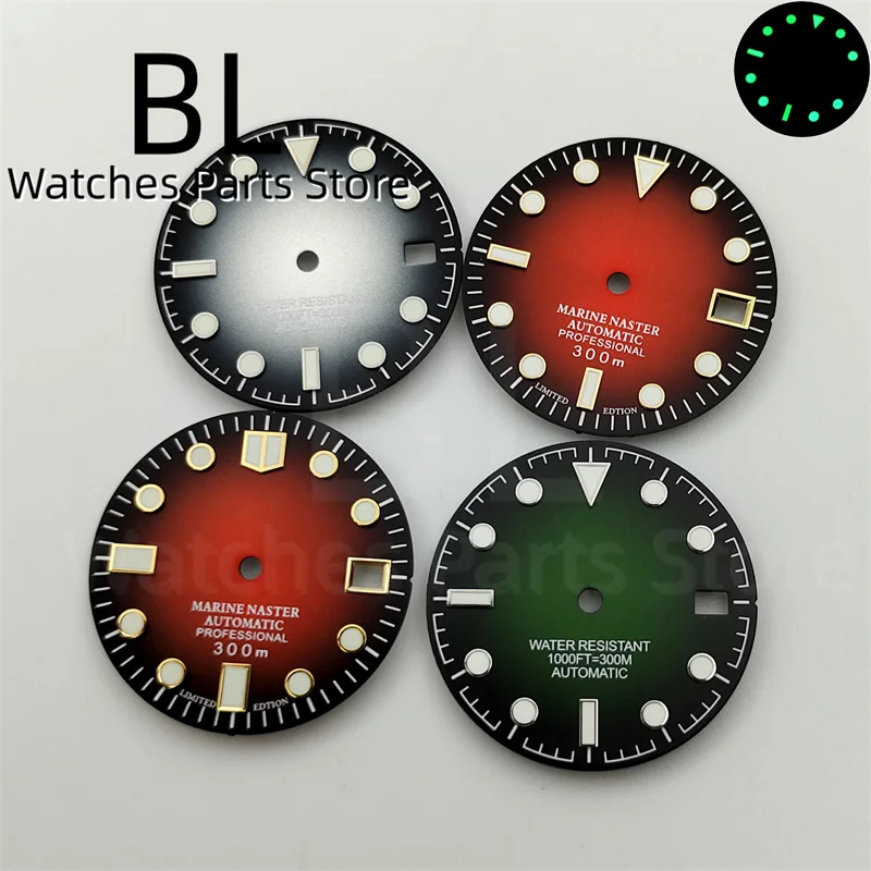 BLIGER Gradien Watch Dial 29mm Dial 3.0/3.8 Crown Date Window Black Red Green Blue Luminous Fit NH35 Automatic Movement