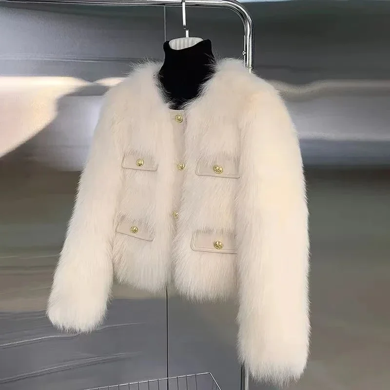 Elegante jaqueta de pele do falso feminino outono inverno quente grosso o-pescoço botão sólido outwear moda alta rua imitação de pele de raposa senhora casaco