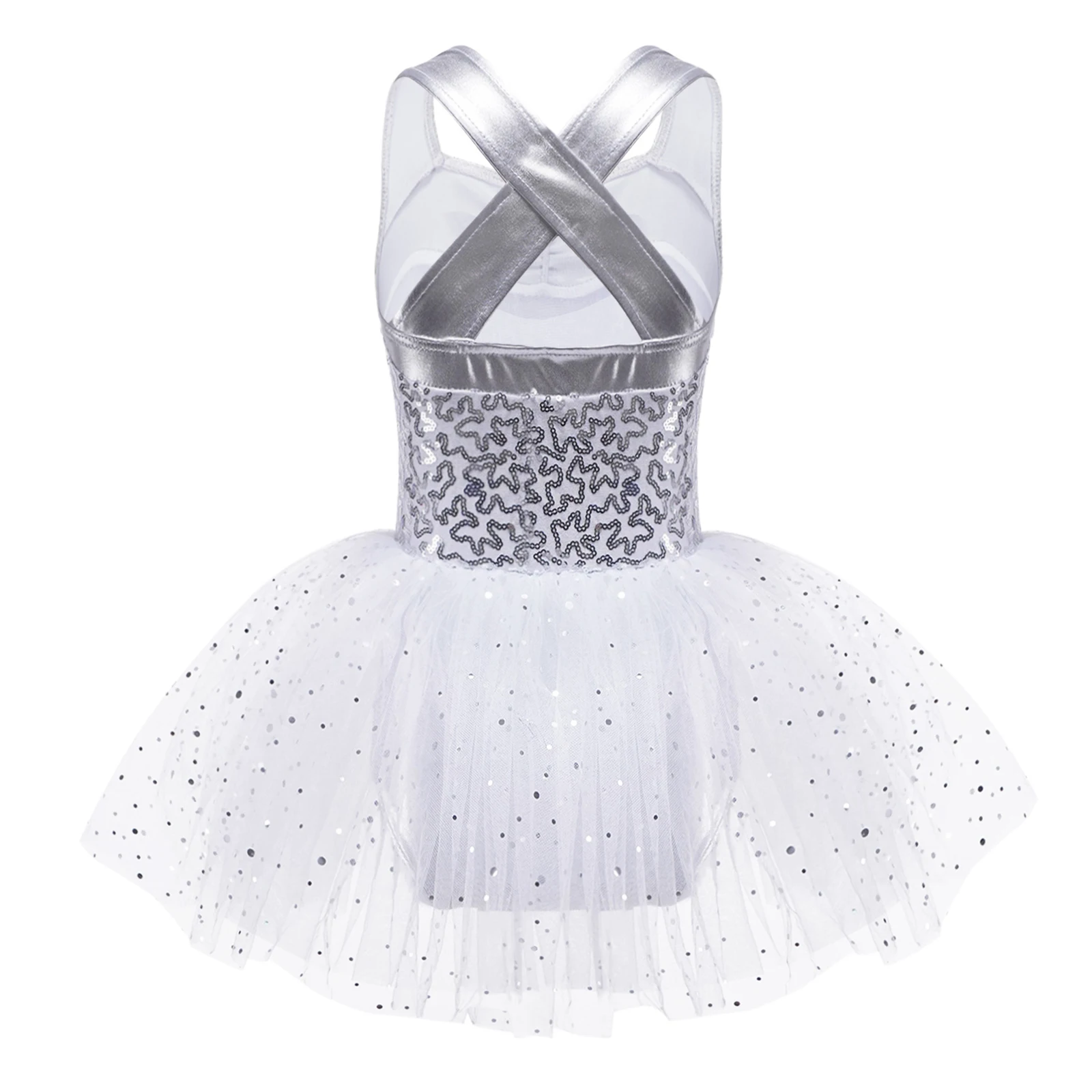 Kids Girls Sleeveless Shiny Ballet Dance Performance Dress Sequins Crisscross Back Leotard Tutu Mesh Dress Dancewear Costume