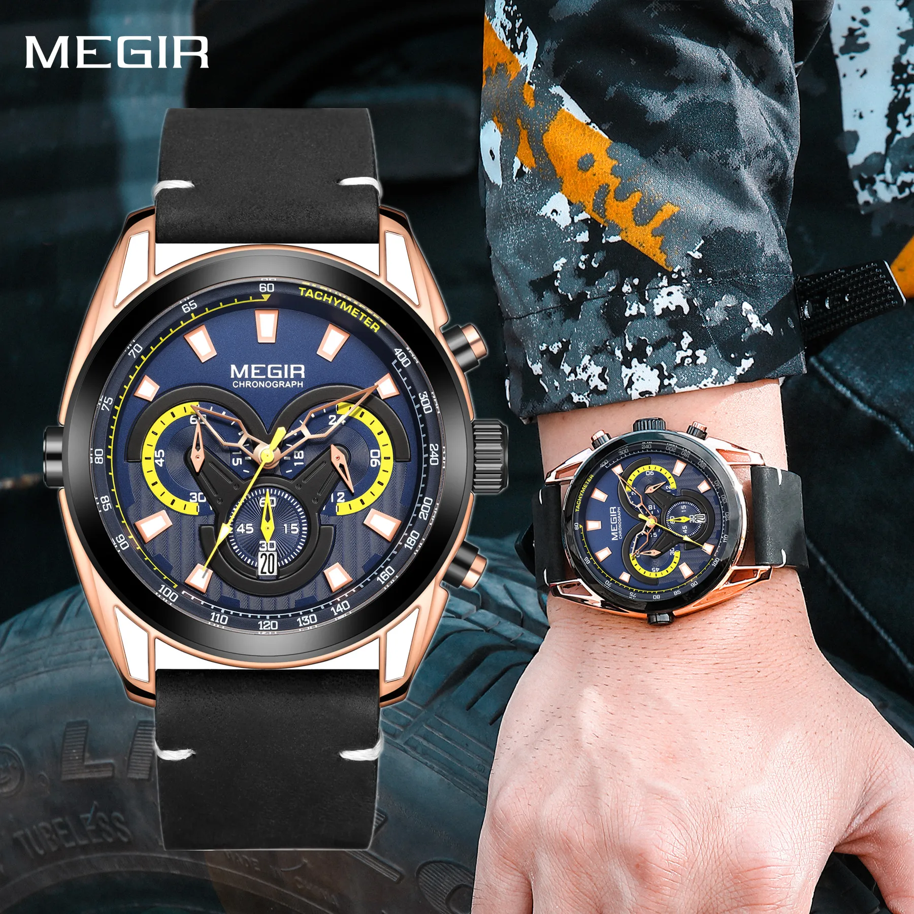 

MEGIR Top Brand Luxury Men's Wristwatch Luminous Waterproof Sports Watches Leather Quartz Chronograph Relogio Masculino 2135