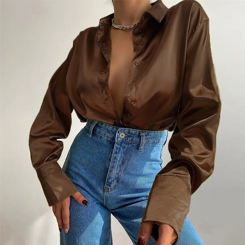 Elegant Satin Long Sleeve Blouses Women 2023 Vintage Blue Green Silk Shirt Women Casual Loose Button Up Female Shirts Tops 18913