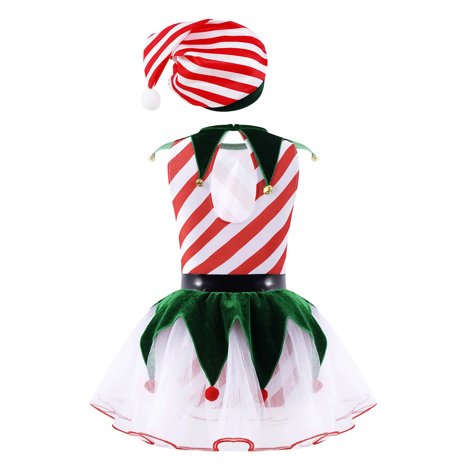 Girls Christmas Ballet Lyrical Dance Skating Dress Sleeveleess Striped Leotard Tutu with Hat Dancewear for Xmas New Year Party