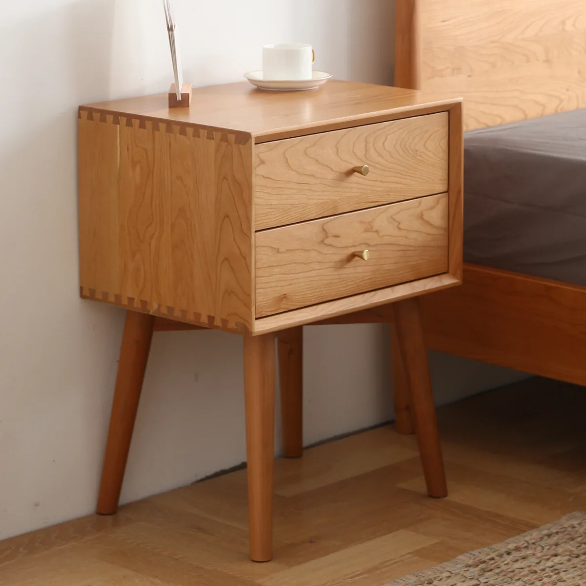 Nordic cherry wood Multi-functional bedside smart table simple solid wood bedroom storage bedside cabinet small-sized hotel bed