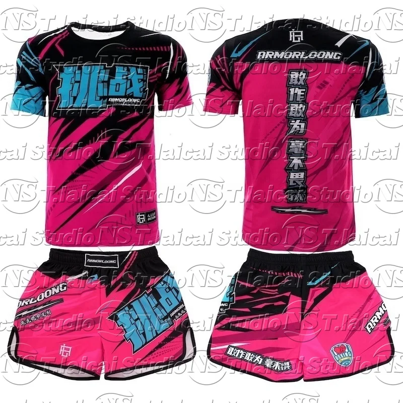 무에타이 트레이닝 세트 멀티 컬러 케이지 파이트 반바지 및 티셔츠 남녀 공용 킥복싱 복싱 무술용 체육복