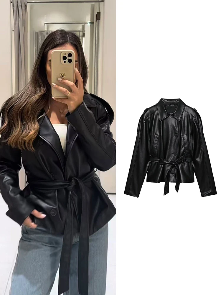 

Women's Faux Leather Short Jacket Coat New Fall 2025 Solid Long-Sleeved Pu Leather Jacket With Pocket Vintage Belt Casual Jacket