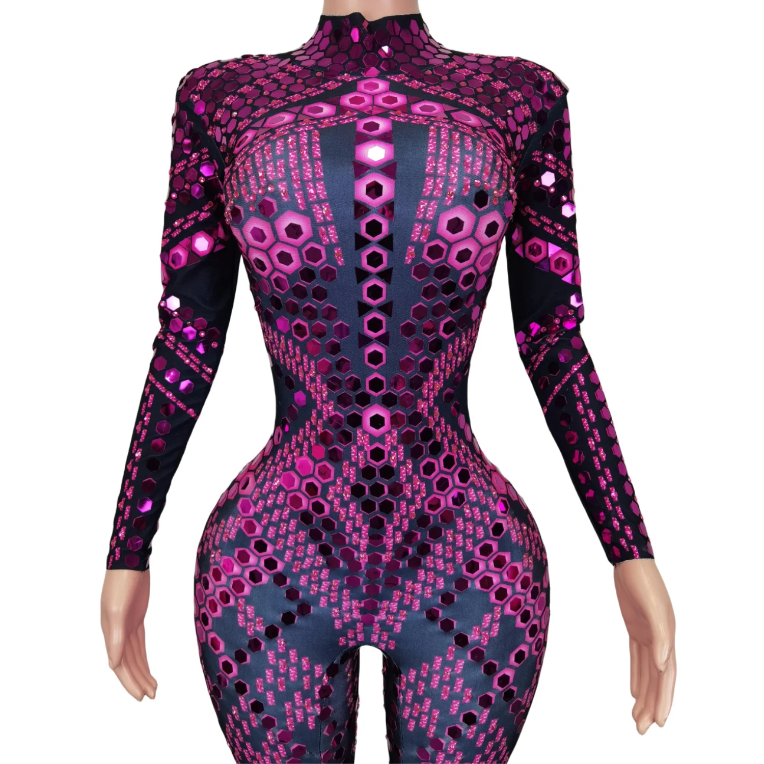 

Women Spandex Rompers Bodycon Stage Costumes Performance Purple Mirror Leotards Shining Rhinestone Ladies Jumpsuit Liubianku