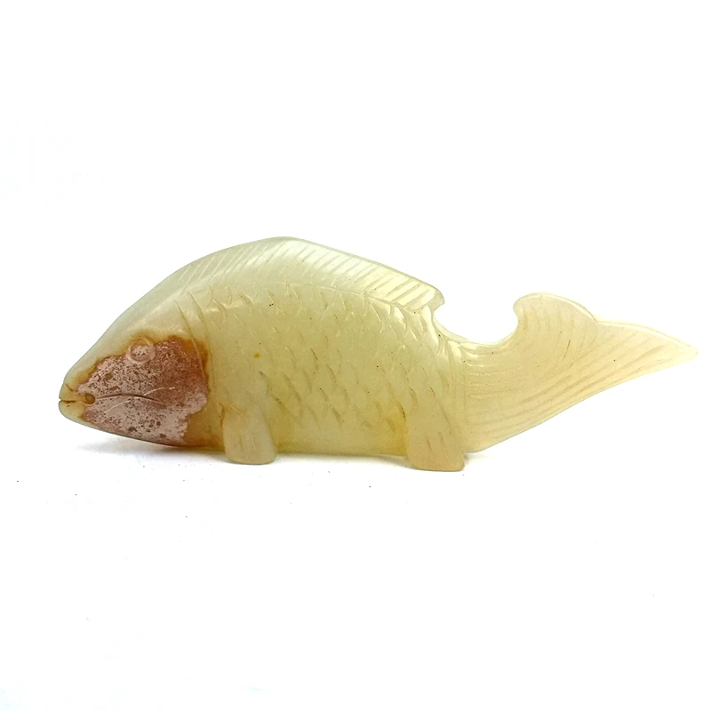 YIZHU CULTUER ART Collected Ancient China Jade Carving Auspicious Fish Statue Pendant Decoration