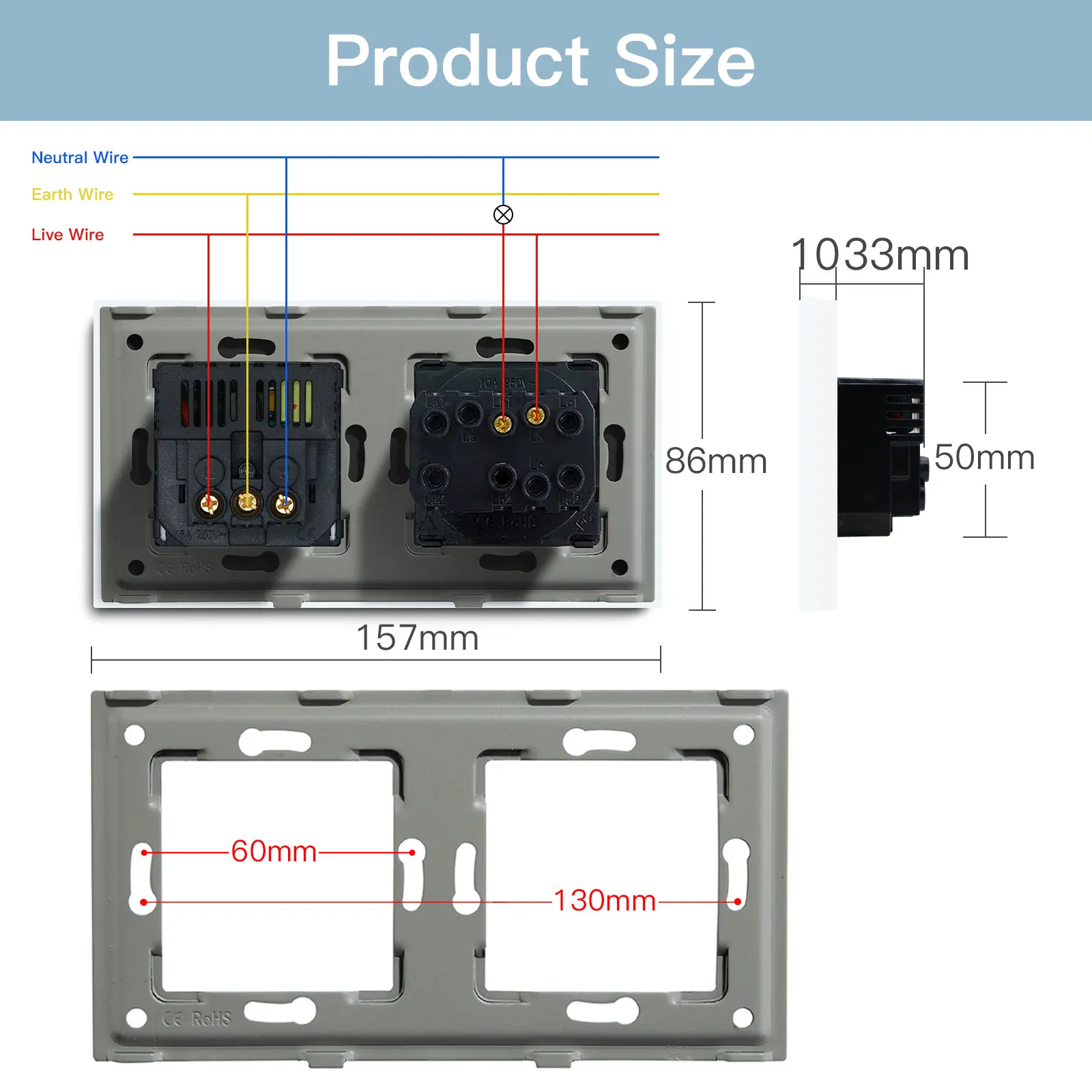 BSEED 1/2/3Gang Mechanical Wall Light Switches 1Way Plus French Socket USB Type-c Ports USB Power Sockets Glass Frame 16A