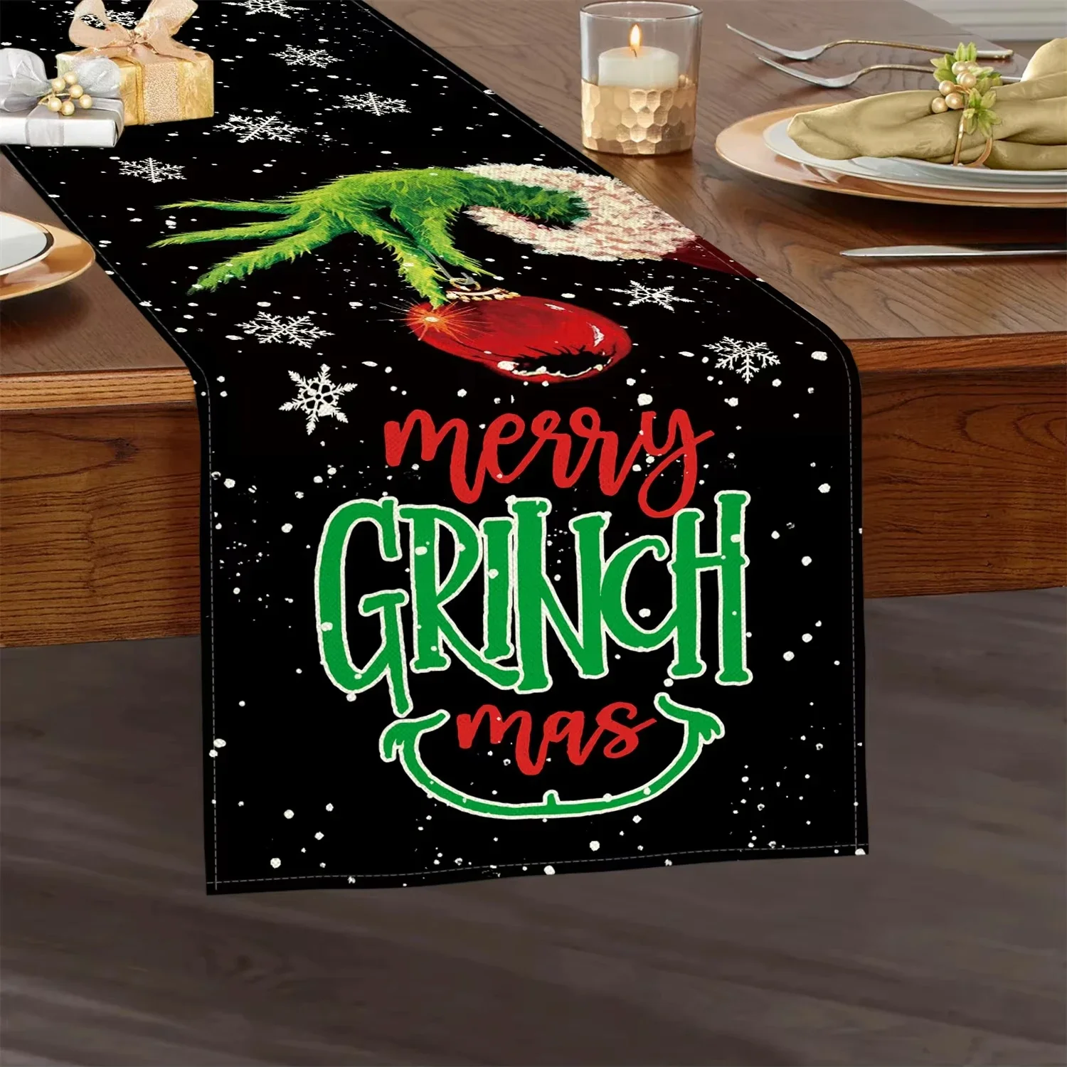 Multi purpose black Grinch Christmas table flag，holiday movie quote for home decoration,tablecloth for dining dining tables