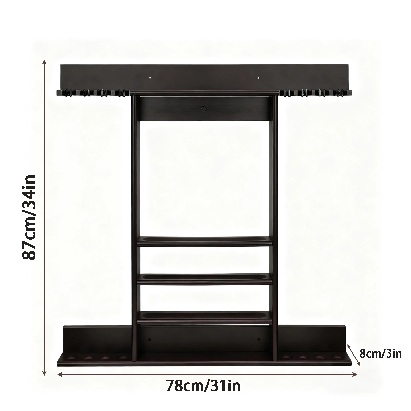 8-Cue Wall-Mounted Pool Cue Rack Stand, Solid Wood Billiard Stick Holder for Full Ball Set & Accessories, Home, Game Room, Bar