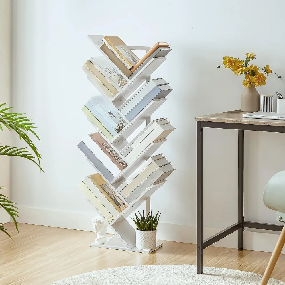 Tree Bookshelf, 9-Tier Bookcase Wooden Shelves, Floor Standing Storage Rack, for Display of CDs, Books in Living Room